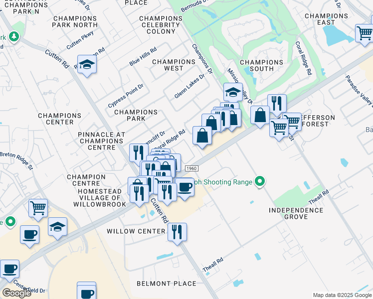 map of restaurants, bars, coffee shops, grocery stores, and more near 13050 Champions Park Drive in Houston