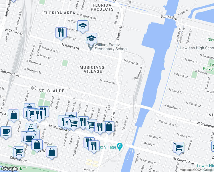 map of restaurants, bars, coffee shops, grocery stores, and more near 1721 France Street in New Orleans