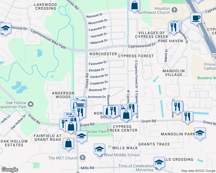 map of restaurants, bars, coffee shops, grocery stores, and more near 10615 Brentway Drive in Houston