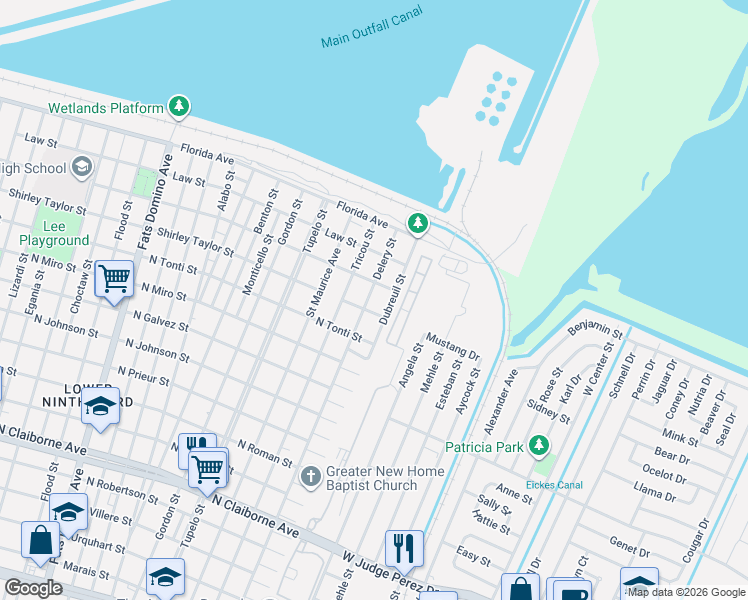 map of restaurants, bars, coffee shops, grocery stores, and more near 2404 Dubreuil Street in New Orleans