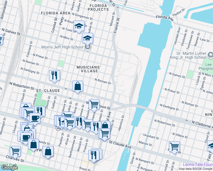 map of restaurants, bars, coffee shops, grocery stores, and more near 1705 France Street in New Orleans