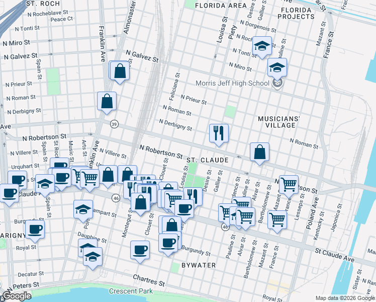 map of restaurants, bars, coffee shops, grocery stores, and more near 3116 North Robertson Street in New Orleans