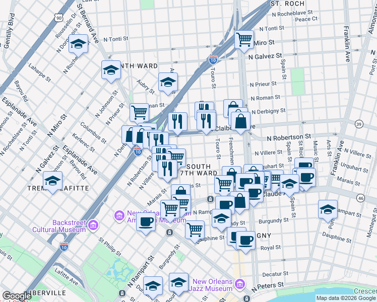map of restaurants, bars, coffee shops, grocery stores, and more near 1813 North Villere Street in New Orleans