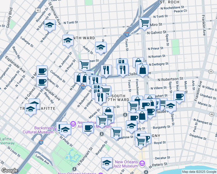 map of restaurants, bars, coffee shops, grocery stores, and more near 1663 North Villere Street in New Orleans
