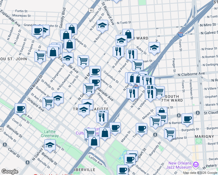 map of restaurants, bars, coffee shops, grocery stores, and more near in New Orleans
