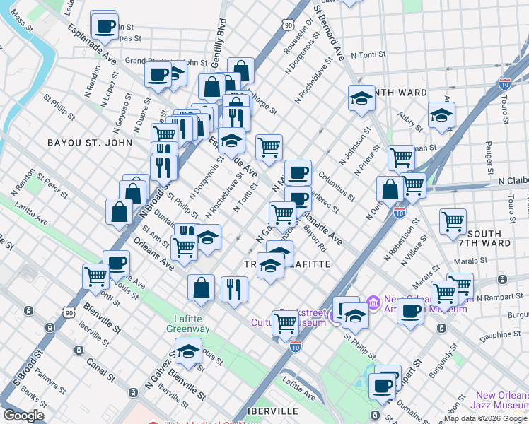 map of restaurants, bars, coffee shops, grocery stores, and more near 2232 Governor Nicholls Street in New Orleans