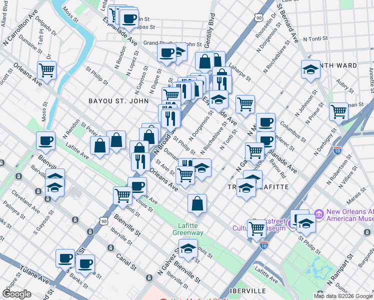 map of restaurants, bars, coffee shops, grocery stores, and more near in New Orleans
