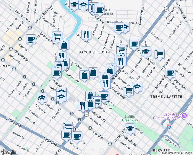 map of restaurants, bars, coffee shops, grocery stores, and more near 2902 Saint Peter Street in New Orleans