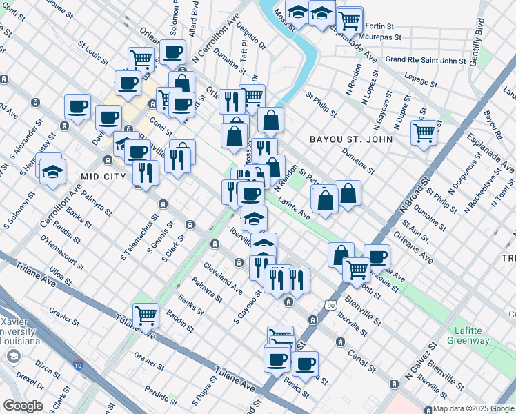 map of restaurants, bars, coffee shops, grocery stores, and more near in New Orleans