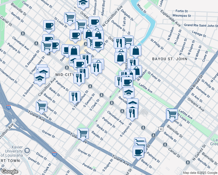 map of restaurants, bars, coffee shops, grocery stores, and more near 132 North Clark Street in New Orleans
