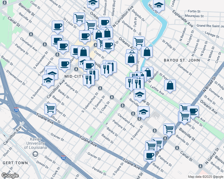 map of restaurants, bars, coffee shops, grocery stores, and more near 132 North Clark Street in New Orleans
