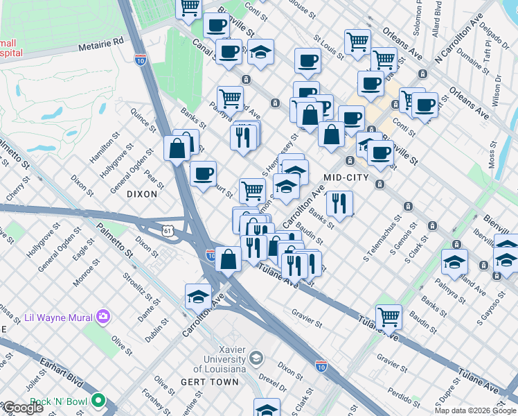 map of restaurants, bars, coffee shops, grocery stores, and more near 4210 D Hemecourt Street in New Orleans
