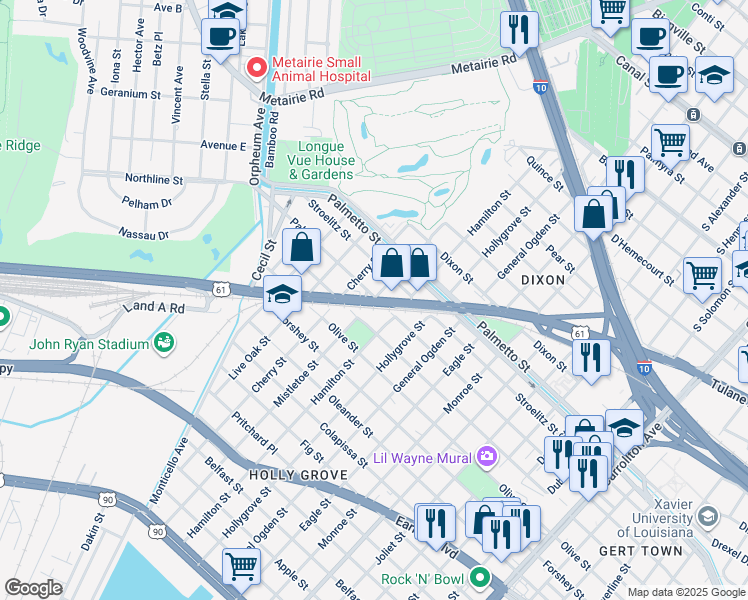 map of restaurants, bars, coffee shops, grocery stores, and more near 3534 Hamilton Street in New Orleans