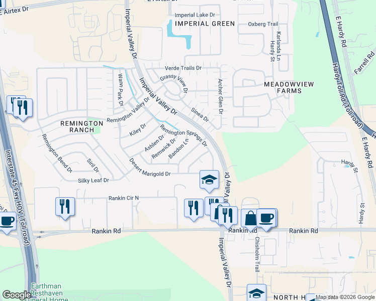 map of restaurants, bars, coffee shops, grocery stores, and more near 803 Sun Lodge Drive in Houston