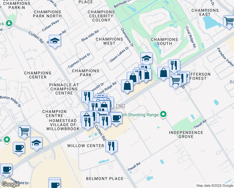 map of restaurants, bars, coffee shops, grocery stores, and more near 13050 Champions Park Drive in Houston