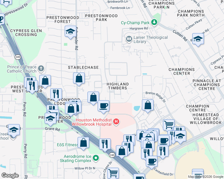 map of restaurants, bars, coffee shops, grocery stores, and more near 13503 Highland Park Court in Houston