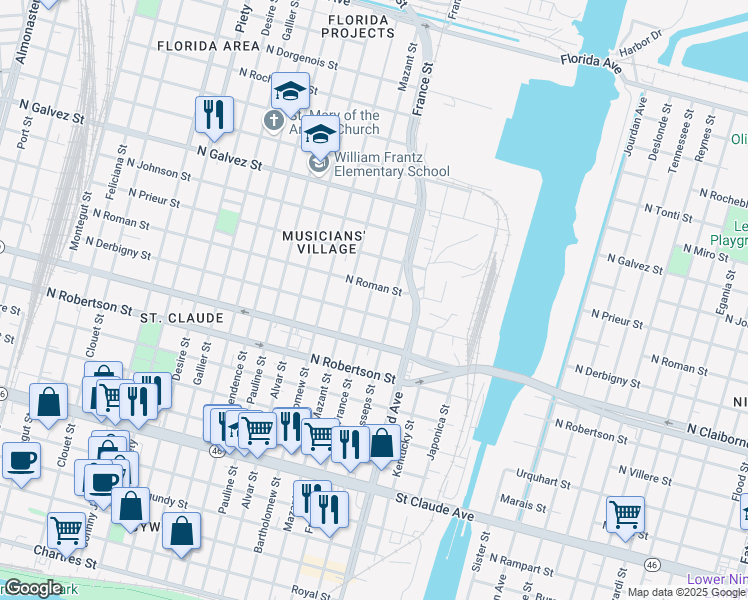 map of restaurants, bars, coffee shops, grocery stores, and more near 1723 France Street in New Orleans