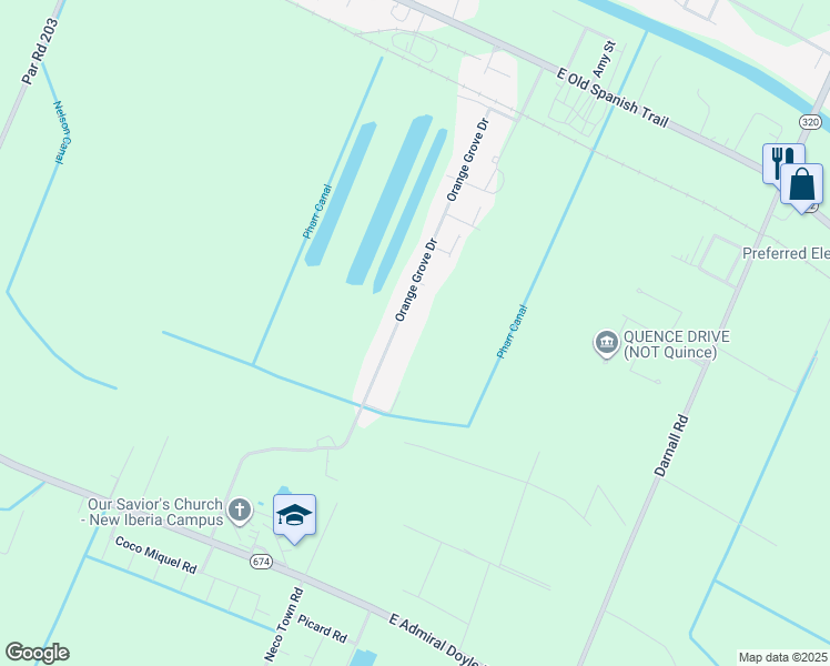 map of restaurants, bars, coffee shops, grocery stores, and more near 915 Orange Grove Drive in New Iberia