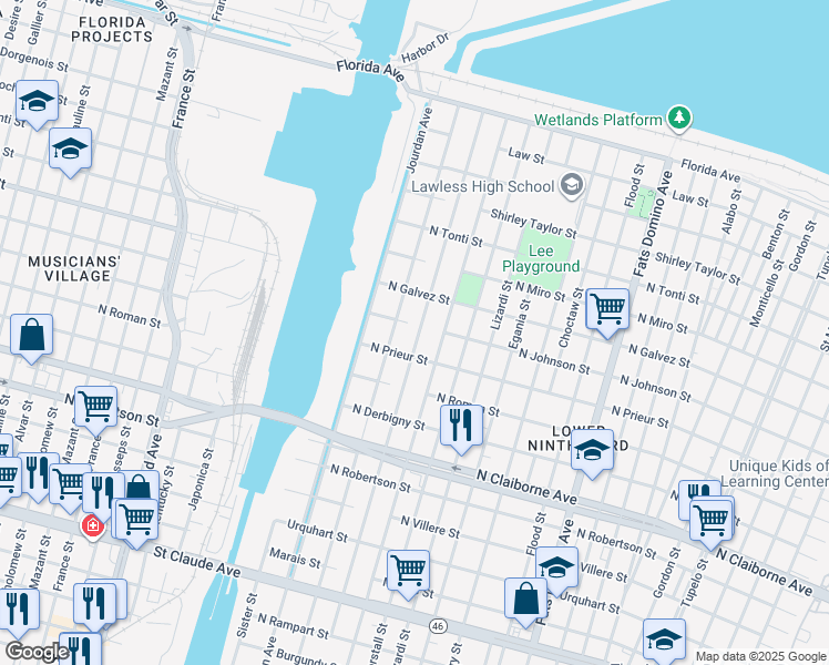 map of restaurants, bars, coffee shops, grocery stores, and more near 1938 Tennessee Street in New Orleans