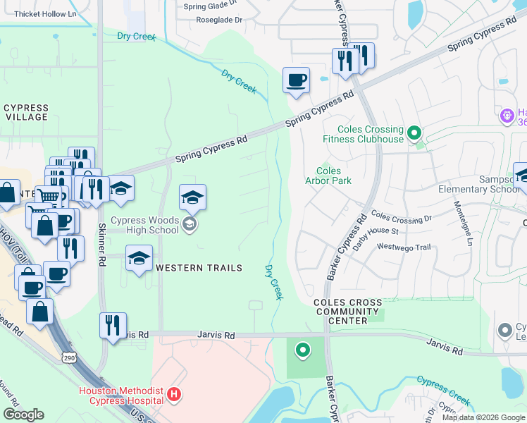 map of restaurants, bars, coffee shops, grocery stores, and more near 16503 Tejas Trail in Cypress