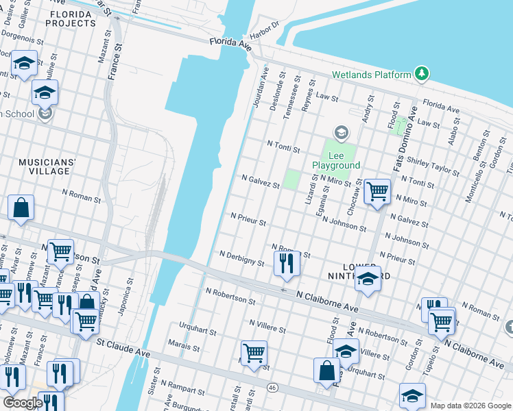 map of restaurants, bars, coffee shops, grocery stores, and more near 1938 Tennessee Street in New Orleans