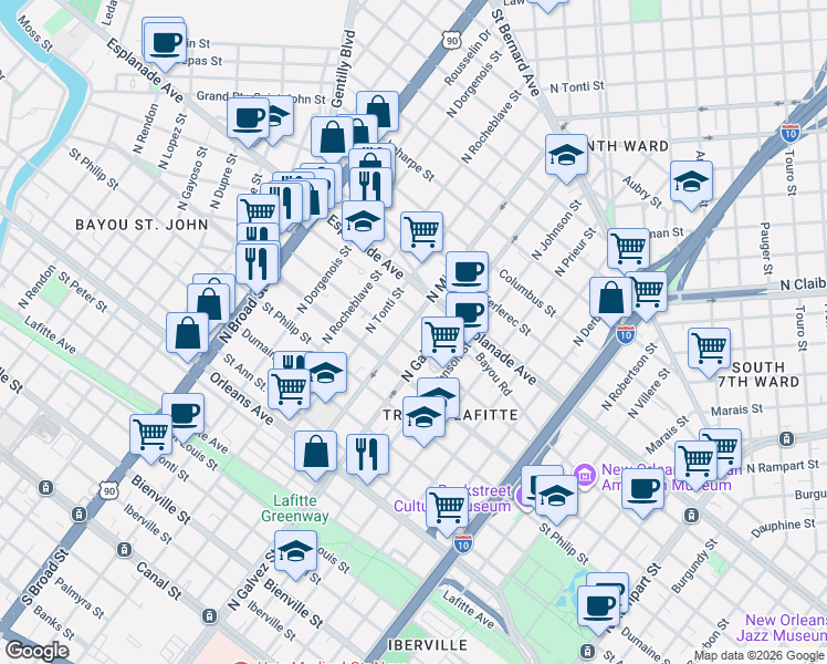 map of restaurants, bars, coffee shops, grocery stores, and more near 2232 Governor Nicholls Street in New Orleans