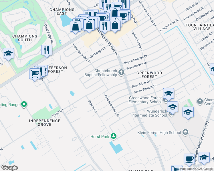 map of restaurants, bars, coffee shops, grocery stores, and more near 5815 Havenwoods Drive in Houston