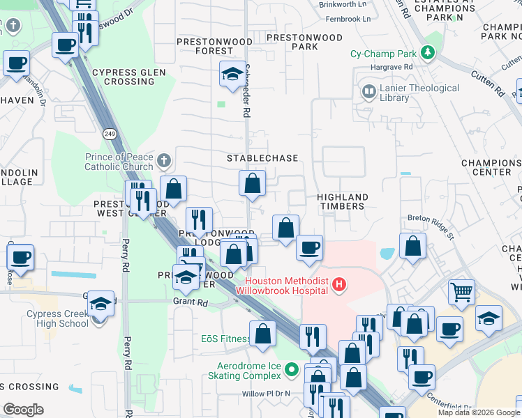 map of restaurants, bars, coffee shops, grocery stores, and more near 13302 1/2 Schroeder Road in Houston