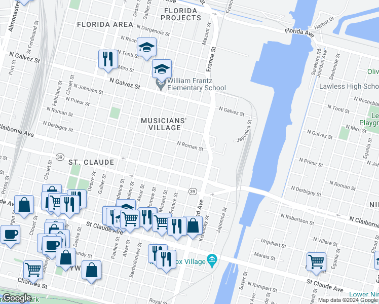 map of restaurants, bars, coffee shops, grocery stores, and more near 1725 France Street in New Orleans