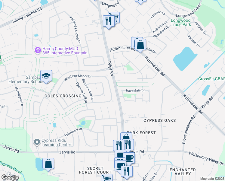 map of restaurants, bars, coffee shops, grocery stores, and more near 14127 Prospect Point Drive in Cypress