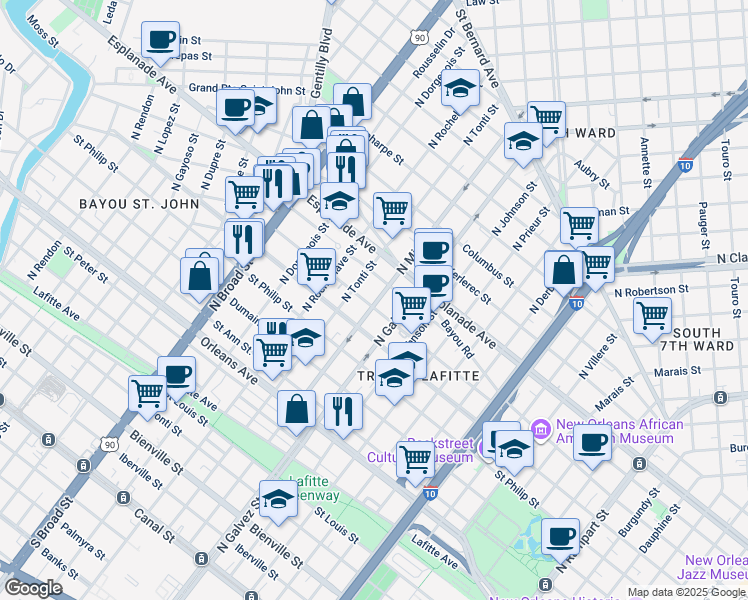 map of restaurants, bars, coffee shops, grocery stores, and more near 2232 Governor Nicholls Street in New Orleans