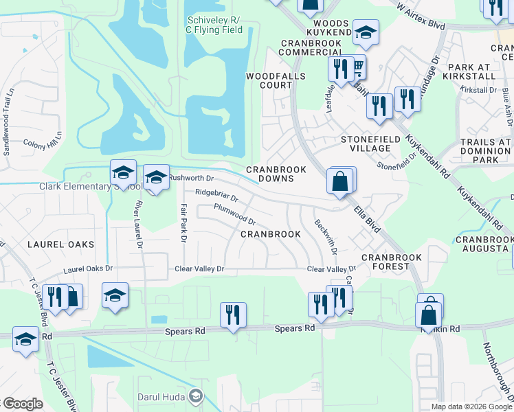 map of restaurants, bars, coffee shops, grocery stores, and more near 1538 Ridgebriar Drive in Houston