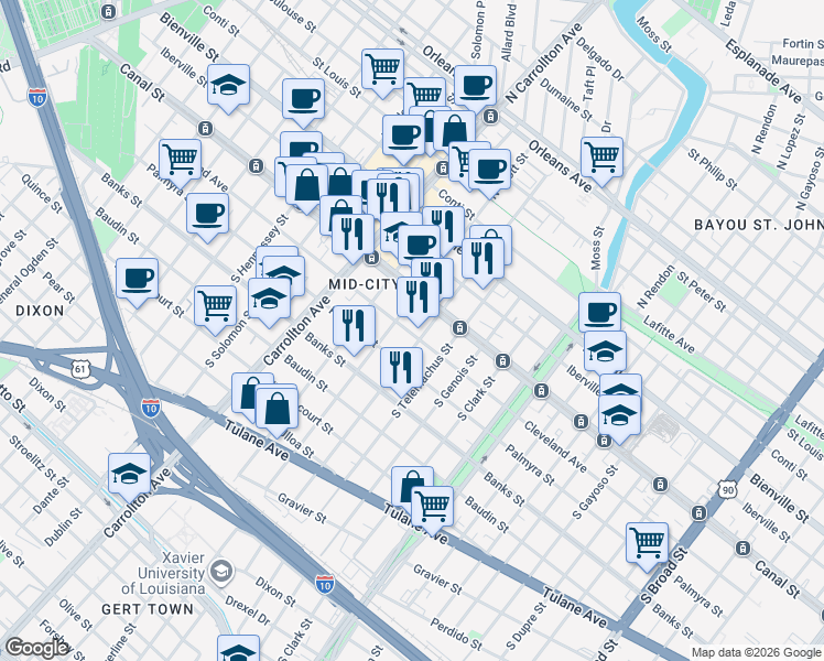 map of restaurants, bars, coffee shops, grocery stores, and more near in New Orleans