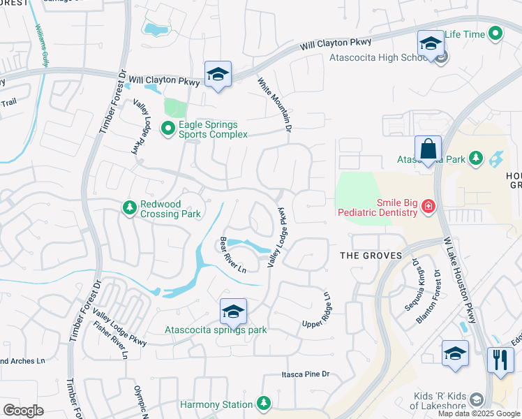 map of restaurants, bars, coffee shops, grocery stores, and more near 12907 Malibu Creek Lane in Humble