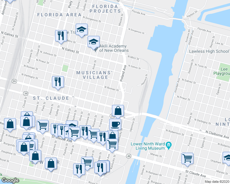 map of restaurants, bars, coffee shops, grocery stores, and more near 1726 Poland Avenue in New Orleans