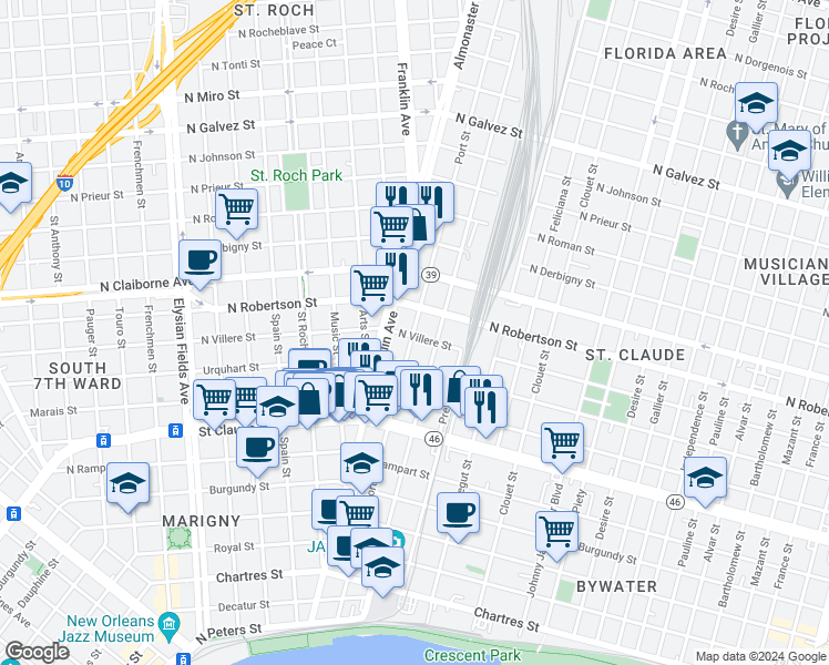 map of restaurants, bars, coffee shops, grocery stores, and more near 2712 North Villere Street in New Orleans