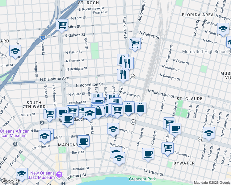 map of restaurants, bars, coffee shops, grocery stores, and more near 1329 Franklin Avenue in New Orleans