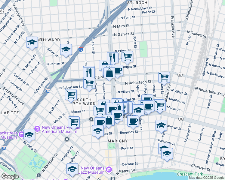 map of restaurants, bars, coffee shops, grocery stores, and more near in New Orleans