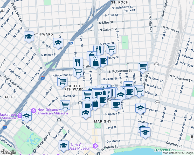 map of restaurants, bars, coffee shops, grocery stores, and more near in New Orleans