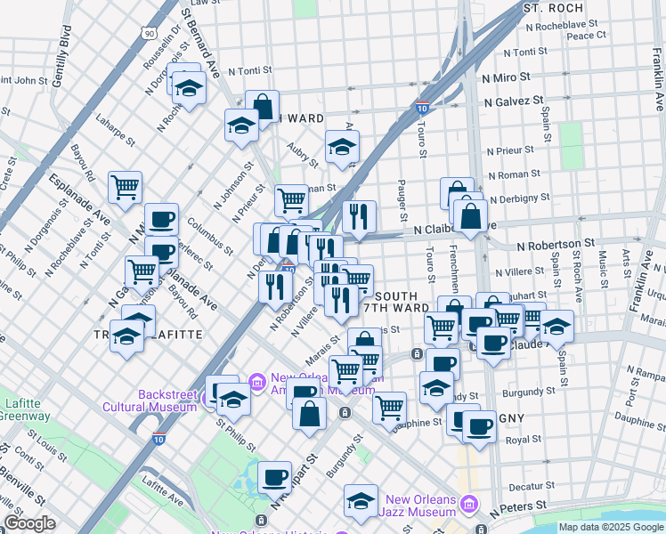 map of restaurants, bars, coffee shops, grocery stores, and more near 1415 Saint Bernard Avenue in New Orleans
