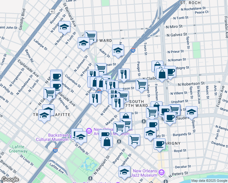 map of restaurants, bars, coffee shops, grocery stores, and more near 1415 Saint Bernard Avenue in New Orleans