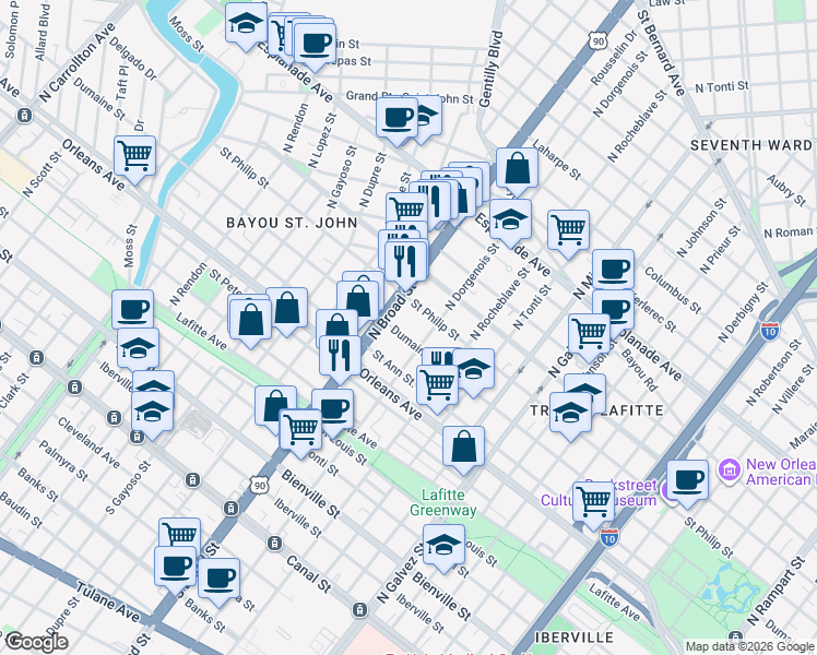 map of restaurants, bars, coffee shops, grocery stores, and more near 2630 Dumaine Street in New Orleans