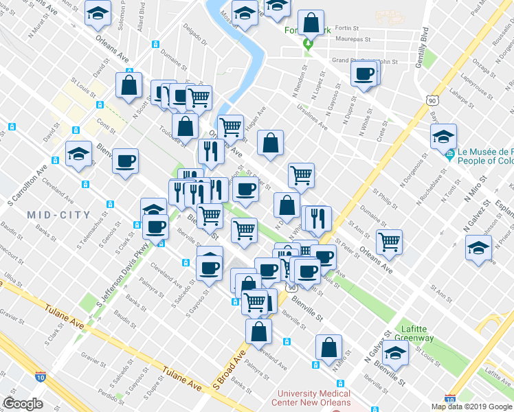 map of restaurants, bars, coffee shops, grocery stores, and more near 520 North Gayoso Street in New Orleans