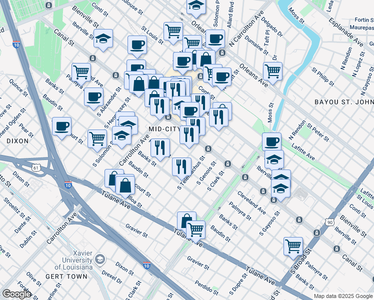 map of restaurants, bars, coffee shops, grocery stores, and more near in New Orleans
