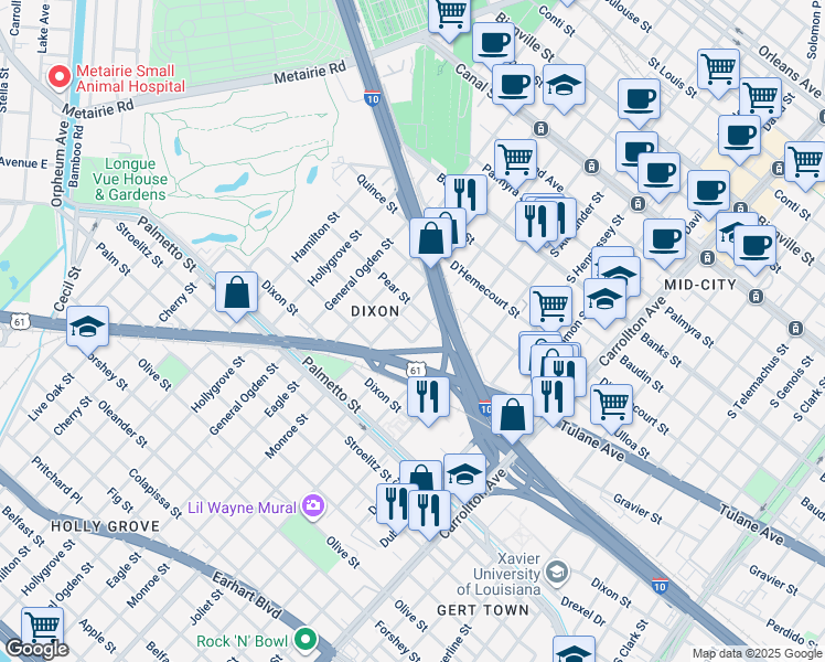 map of restaurants, bars, coffee shops, grocery stores, and more near 8608 Marks Street in New Orleans