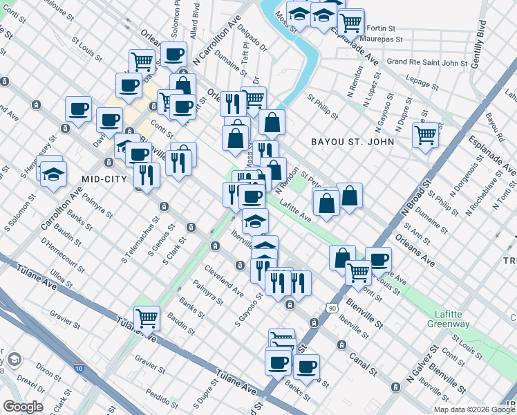 map of restaurants, bars, coffee shops, grocery stores, and more near in New Orleans