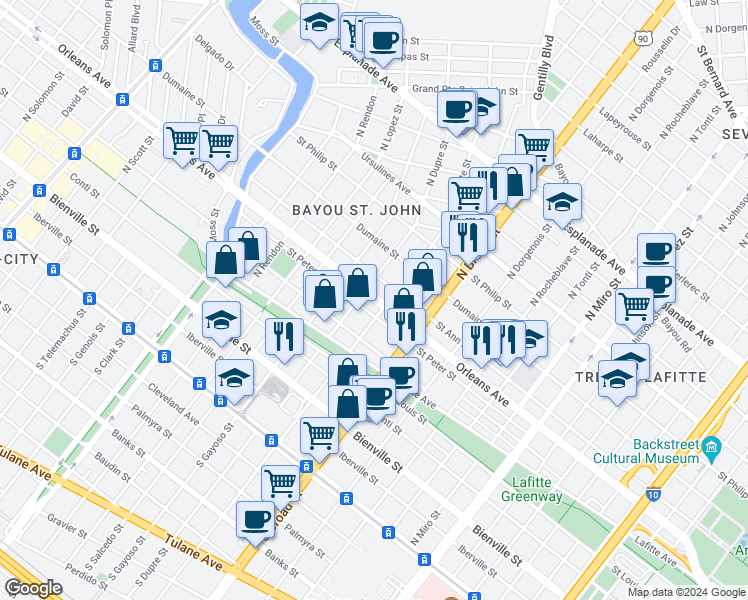 map of restaurants, bars, coffee shops, grocery stores, and more near 2751 Orleans Avenue in New Orleans