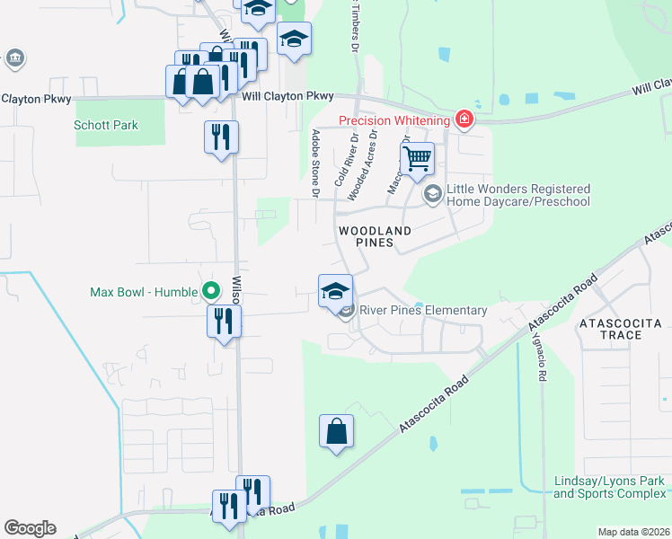 map of restaurants, bars, coffee shops, grocery stores, and more near 9315 Delicado Drive in Humble