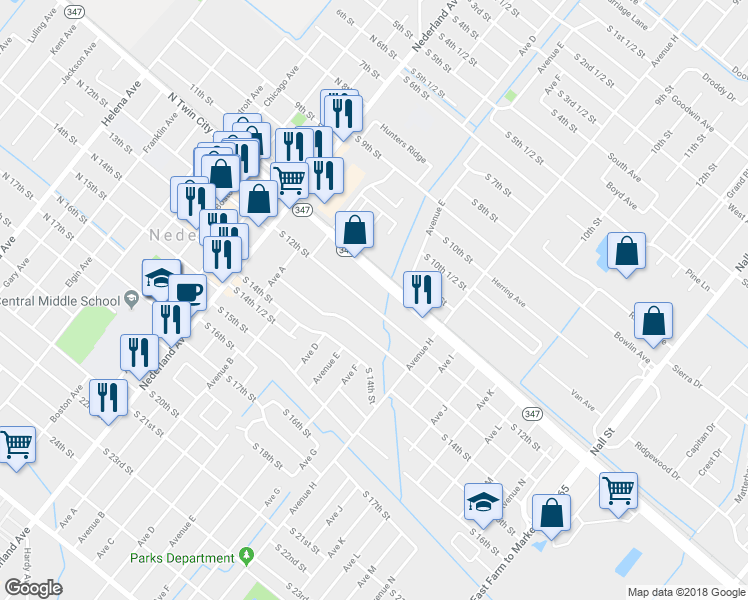 map of restaurants, bars, coffee shops, grocery stores, and more near 609 South 12th Street in Nederland