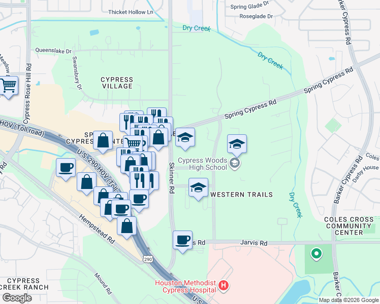 map of restaurants, bars, coffee shops, grocery stores, and more near 13600 Skinner Road in Cypress